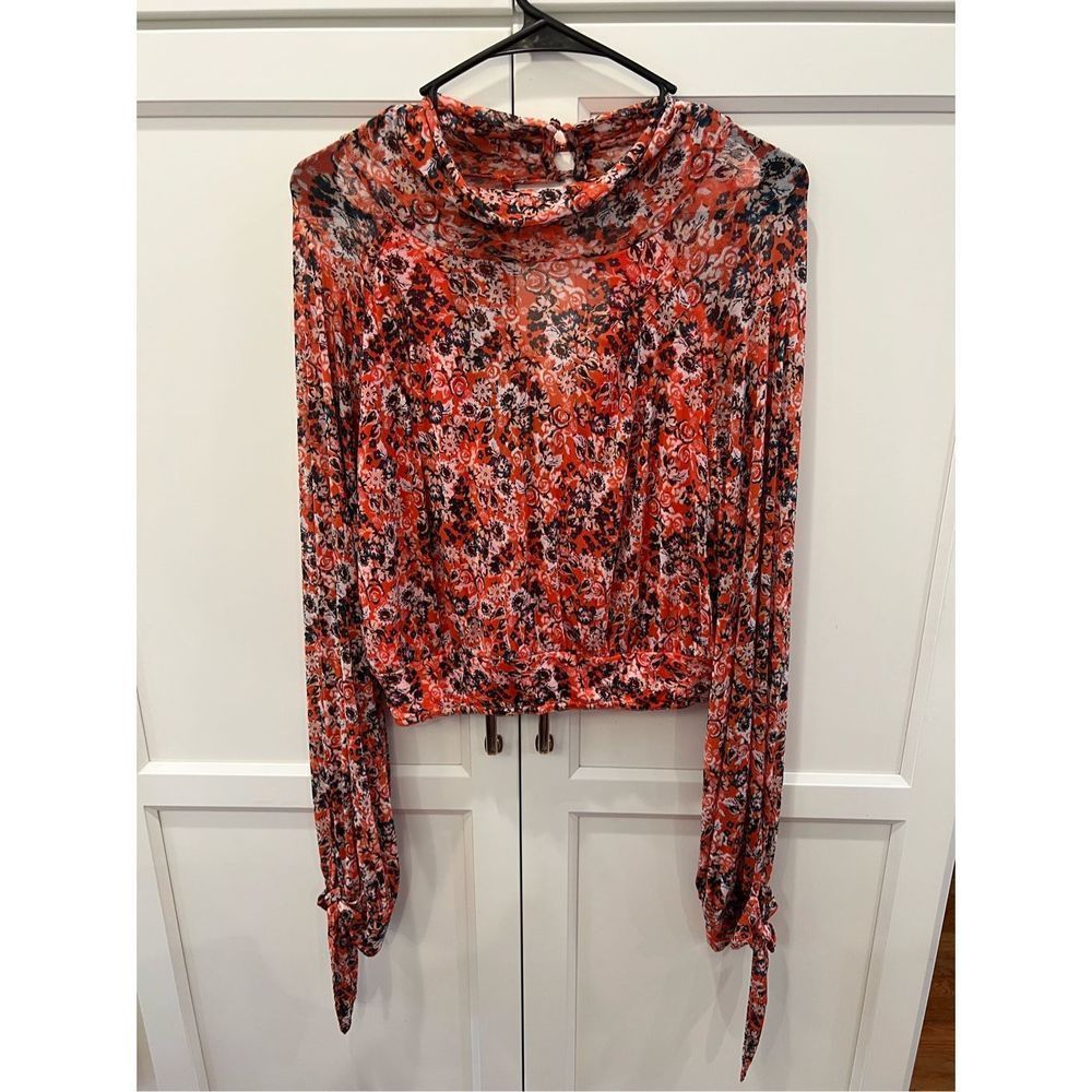 Free People Red Floral Long-Sleeve Blouse size medium